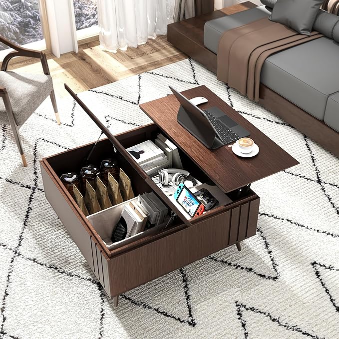 36.2" Lift Top Coffee Table with Storage, Large Square Coffee Tables with Hidden Compartment, Mid Century Modern Center Table for Home Office,Living Room,Dark Walnut