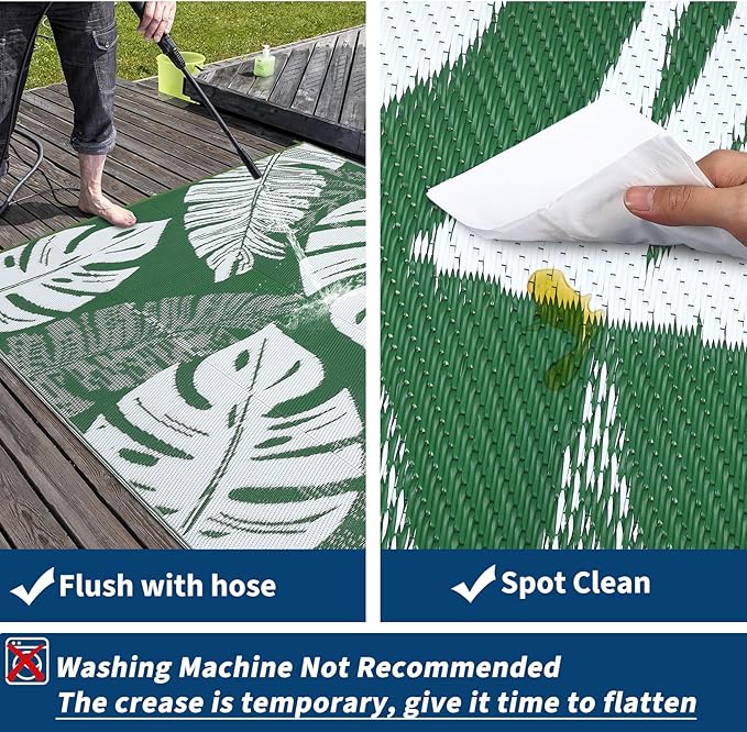 GAOMON Outdoor Rug 8x10 Patio Waterproof Reversible Plastic Straw Rug Modern Foldable Lightweight RV Camping Mat with Portable Bag & 4 Stakes, UV Resistant & Sturdy for Picnic Deck Balcony, Green