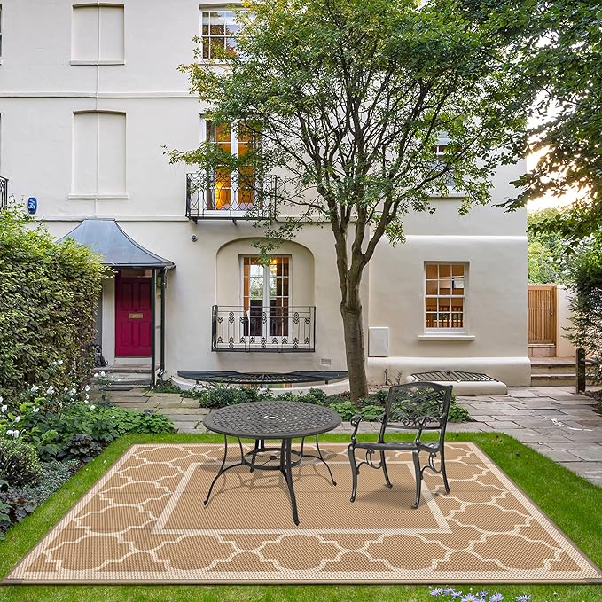 GENIMO 6' x 9' Outdoor Rug Waterproof for Patio Decor, Foldable Reversible Plastic Straw Area Rugs Mat for Camper, Outside Carpet for Rv, Deck, Porch, Picnic, Beach, Balcony, Brown & Beige