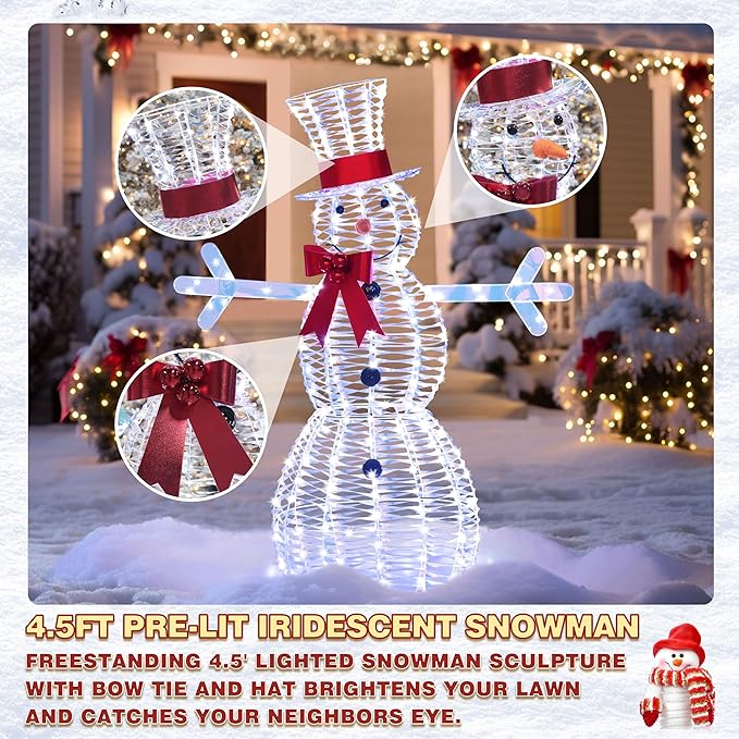 4.5FT Lighted Snowman for Christmas Decoration, 3D Pre-Lit Iridescent Snowman Xmas Decor with 100 LED Lights, Glittered Standing Holiday Display for Outdoor, Indoor