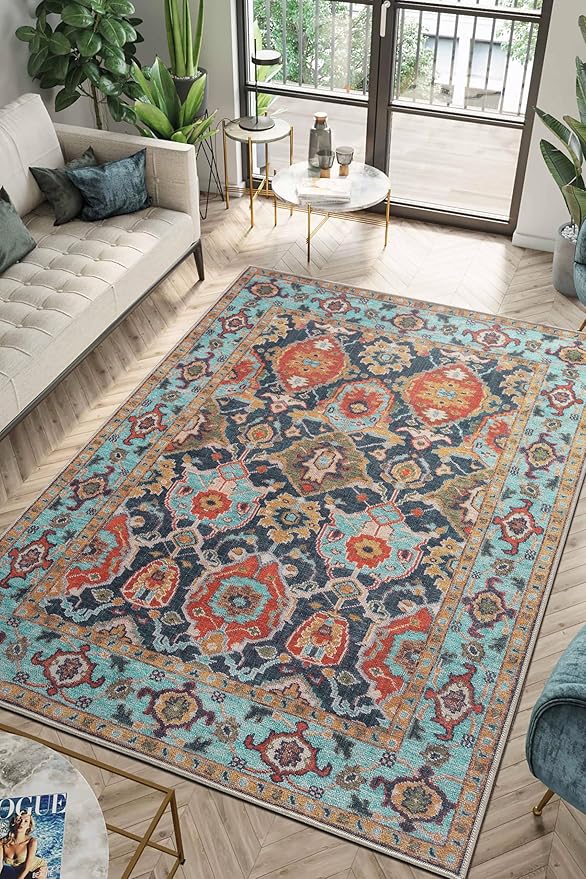 Keen Home Design 8x10 Rug - Machine Washable Area Rug with Non-Slip Backing, Ideal for Living Room, Dining Room, Bedroom - Vintage, Easy Clean, Durable, Low Pile Rug - (8' x 10')