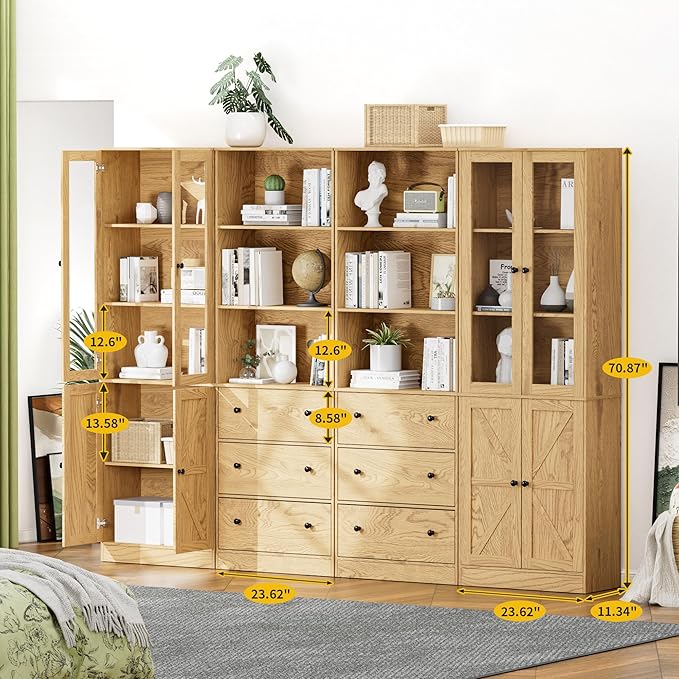 71" Tall Bookshelves Set of 4, 2 Bookcases with Drawers & 2 Bookshelves with Doors, Wooden Bookshelves Floor Standing Display Storage Shelves Home Decor Furniture for Home Office, Living Room