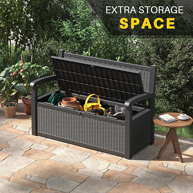 70 Gallon Outdoor Storage Box, Resin Patio Furniture with Armrest, Lockable Deck Box with Waterproof and UV Resistant for Patio Cushions, Garden Tools and Pool Supplies, Black