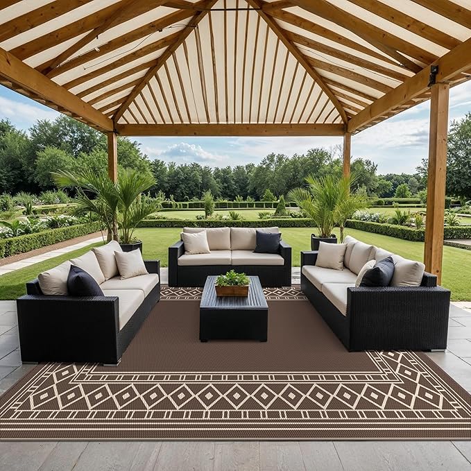 GENIMO Outdoor Rug Waterproof for Patio, 10'x14' Foldable Reversible Plastic Straw Carpet for Travel Trailers, Outside Area Mat for Rv, Deck, Picnic, Porch, Camper, Balcony, Beach, Coffee & Beige