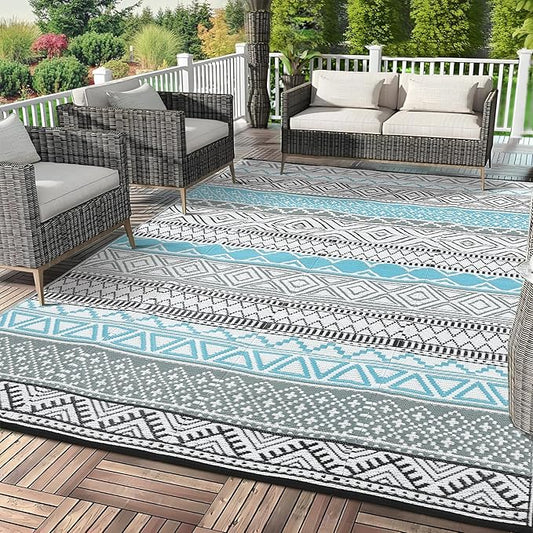 GAOMON Outdoor Rug 9'x12' Waterproof Rug for Patio Decor, Foldable Reversible Plastic Straw Area Rugs Mat for Camper, Outside Carpet for Deck, Porch, Picnic, Beach, Blue/Grey(Bohemia)