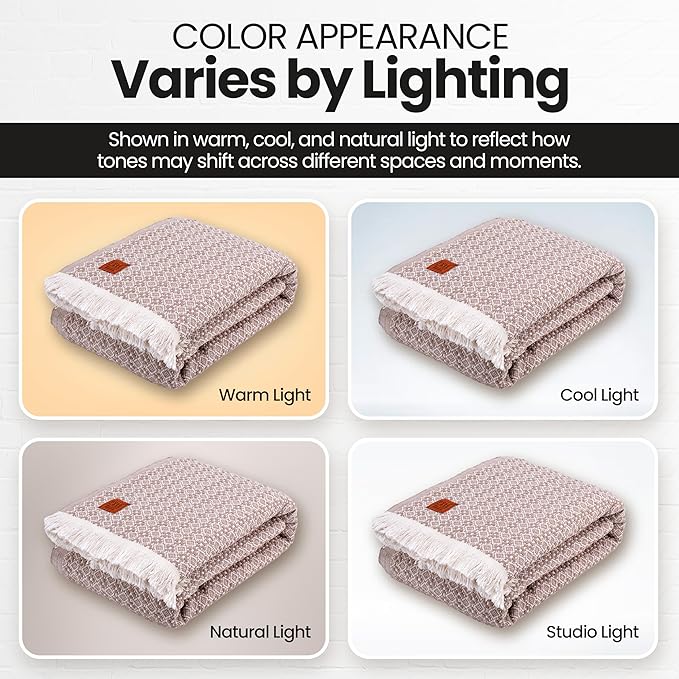 Gold Case Throw Blanket for Bed – 100% Recycled Turkish Cotton Bed Blanket – Decorative Throw Cotton Blankets for Living Room & Bedroom – Retro Beige Woven Queen Blankets – 90x90