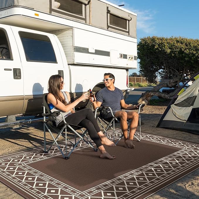 GENIMO Outdoor Rug Waterproof for Patio, 8'x10' Foldable Reversible Plastic Straw Carpet for Travel Trailers, Outside Area Mat for Rv, Deck, Picnic, Porch, Camper, Balcony, Beach, Coffee & Beige