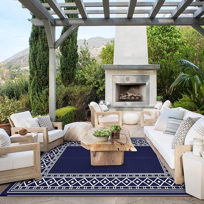 GENIMO Outdoor Rug Waterproof for Patio Decor, 6'x9' Foldable Reversible Plastic Straw Carpet for Travel Trailers, Outside Area Mat for Rv, Deck, Picnic, Porch, Camper, Balcony, Beach, Blue & White