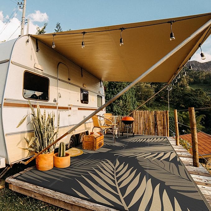 GENIMO Outdoor Rug 10' x 20' Waterproof for Patios Clearance, Reversible Outdoor Plastic Straw Camping Rug Carpet, Large Area Rugs Mats for RV, Camper, Deck, Balcony, Porch, Beach, Picnic, Black&Brown