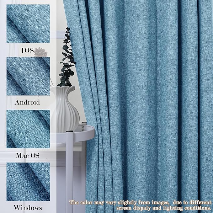 100% Blackout Linen Textured Drapes for Bedroom Pinch Pleated Curtains for Track System Portable Drapery for Sliding Glass Door/Storage/Space Room Divider, 70" Wx102 L, 1 PC, Blue