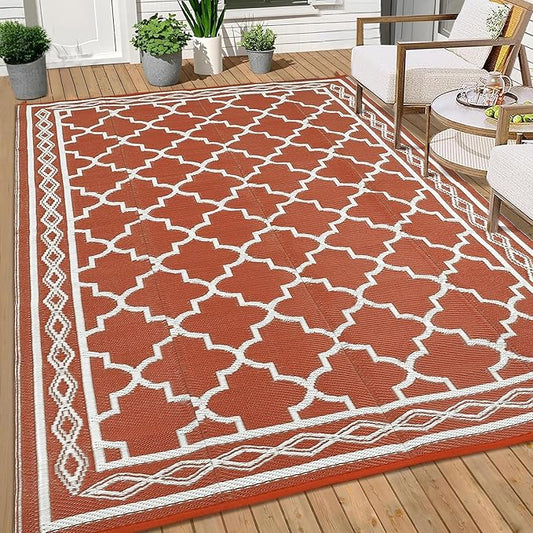 GAOMON Outdoor Rug Waterproof 8'x10', Reversible Outdoor Plastic Straw Rug, Boho Patio Rug, Indoor Outdoor Carpet, RV Mat Outside for Patio, Camp, Picnic, Balcony, Deck, Orange/White(Geometric)