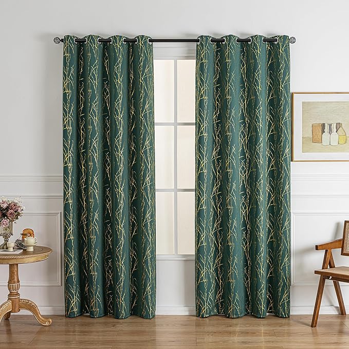 Grommets Blackout Long Window Curtains Green Gold-52W*95L 2PCS Drapes for Bedroom