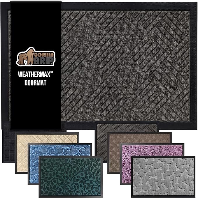 GORILLA GRIP 100% Waterproof All-Season WeatherMax Doormat, 34x58, US Designed Natural Rubber, Stain and Fade Resistant, Low Profile Indoor Outdoor Door Mats, Easy Clean Patio Mat, Gray Diamond