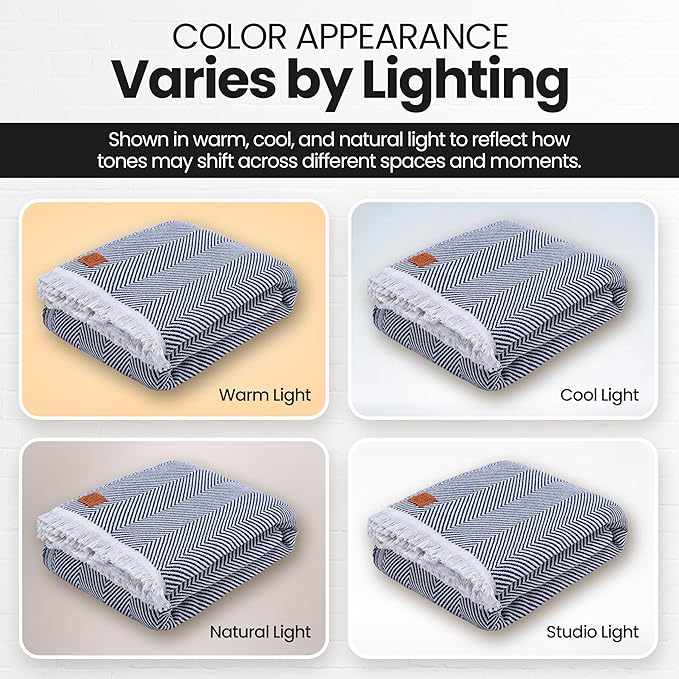 Gold Case Throw Blanket for Bed – 100% Recycled Turkish Cotton Bed Blanket – Decorative Throw Cotton Blankets for Living Room & Bedroom – Woven Twin Blankets - 71x90 - Navy Blue