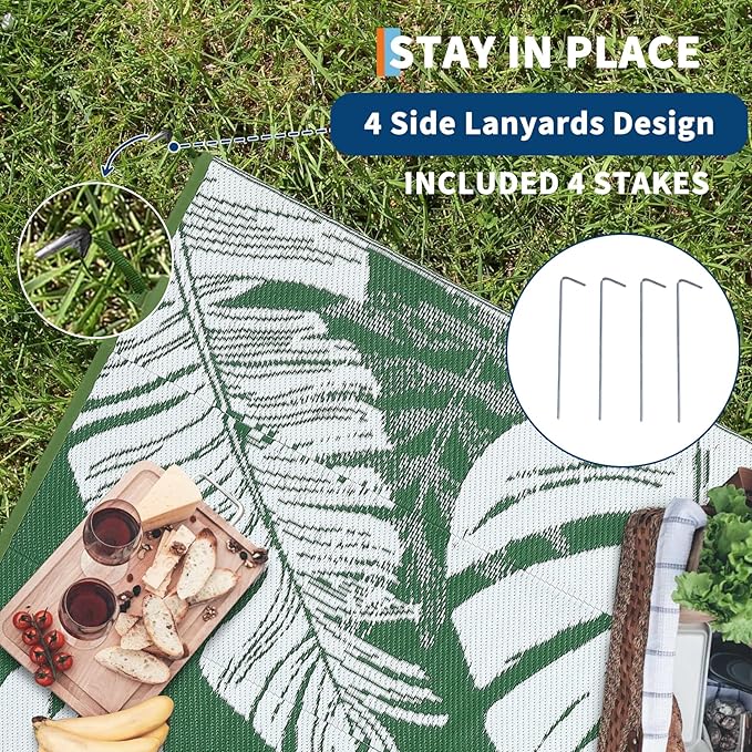 GAOMON Outdoor Rugs 9x18 Waterproof Patio Rug Outdoor Plastic Straw Rug Reversible Camping Mat, Portable RV Picnic Carpet with Bag & 4 Stakes, UV Resistant Outside Carpet for Deck Balcony, Green