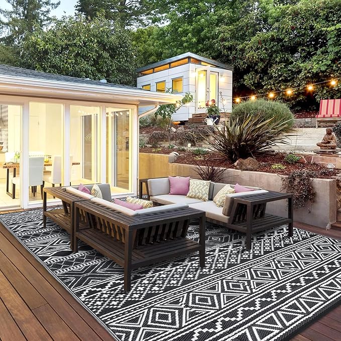 GAOMON Outdoor Rug for Patio 5'x8' Reversible Plastic Rugs Camping Mat for Outdoor, RV, Backyard, Deck, Balcony, Picnic, Beach, Black/White(Bohemia)