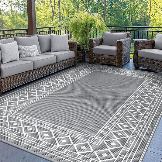 GENIMO Outdoor Rug Waterproof for Patio Decor, 5'x8' Reversible Plastic Straw Area Carpet, Camping Outside Mat for Outdoor, RV, Deck, Camper, Balcony,Picnic Grey & White