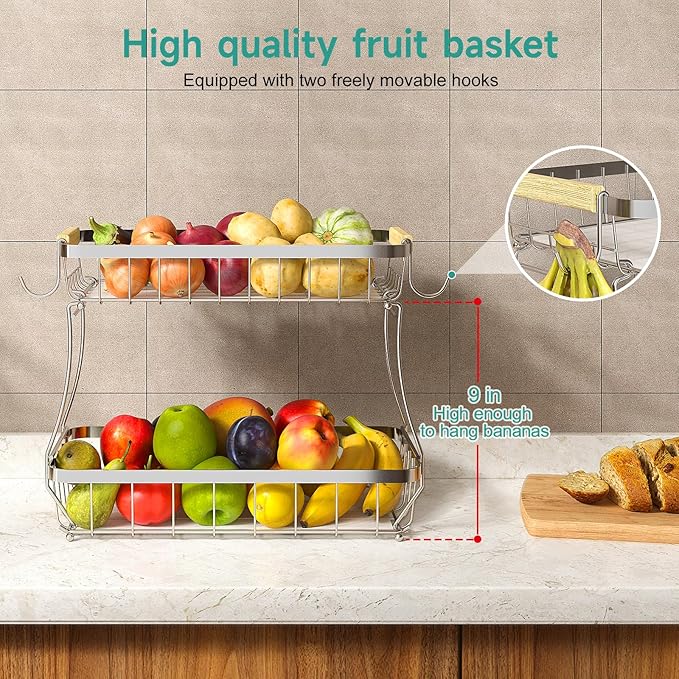 3 Tier Fruit Basket for Kitchen Counter with 2 Mobile Banana Hangers, 2025 Pro Detachable Metal Fruit Bowl with Wooden Handle, Fruit Holder for Bread Snack Veggies, Silvery