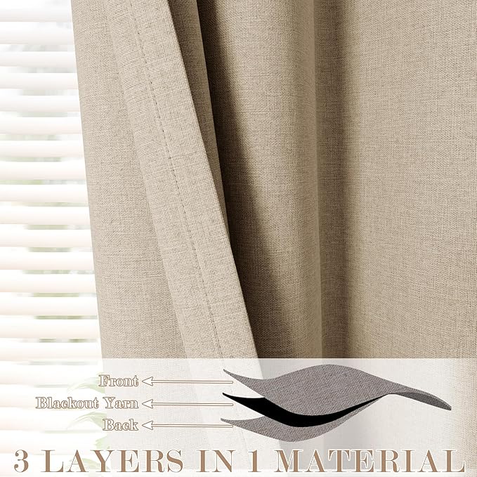 100% Blackout Linen Textured Drapes for Bedroom Pinch Pleated Curtains for Track System Portable Drapery for Sliding Glass Door/Storage/Space Room Divider, 70" Wx96 L, 1 PC, Sand Beige