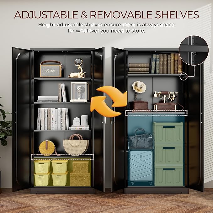 71" Tall Metal Pantry Cabinet with 4 Adjustable Shelves and Gold Handles Heavy-Duty Steel Storage for Kitchen, Dining Room or Office