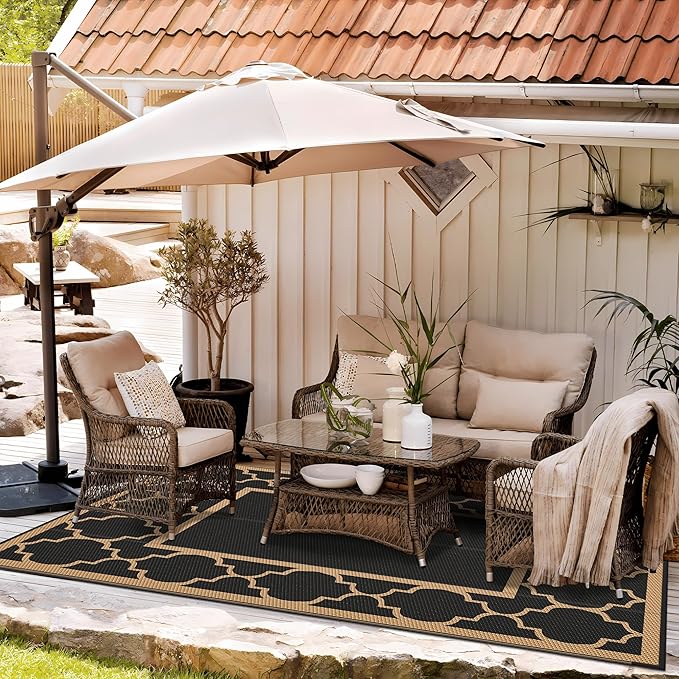 GENIMO 5' x 8' Outdoor Rug Waterproof for Patio Decor, Foldable Reversible Plastic Straw Area Rugs Mat for Camper, Outside Carpet for Rv, Deck, Porch, Picnic, Beach, Balcony, Black & Brown