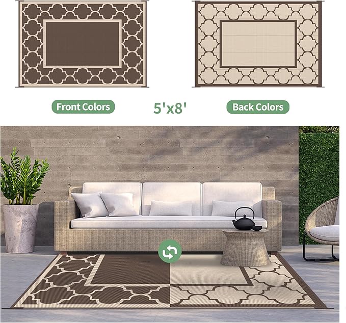 GENIMO 5' x 8' Outdoor Rug Waterproof for Patio Decor, Foldable Reversible Plastic Straw Area Rugs Mat for Camper, Outside Carpet for Rv, Deck, Porch, Picnic, Beach, Balcony, Coffee & Beige