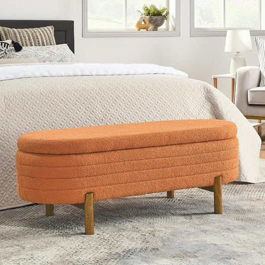 Furniliving 46” Storage Benches, End of Bed Bench with Button-Tufted Large Upholstered Storage Ottoman Teddy Window Bench with Storage Shoe Cabinet Bench, for Bedroom, Entryway, Closet, Orange