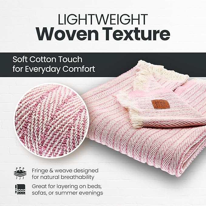 Gold Case Throw Blanket for Couch – 100% Recycled Turkish Cotton Blankets & Throws – Elegant Decorative Throw Blankets for Living Room Sofa – Woven Throws for Couch – Retro Pink – 50x60