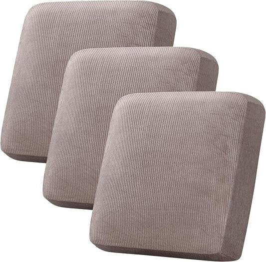 H.VERSAILTEX Velvet Stretch Couch Cushion Cover Plush Cushion Slipcover for Chair Loveseat Sofa Cushion Furniture Protector Seat Cushion Sofa Cover (3 Piece XL Sofa Cushion Covers, Taupe Striped)