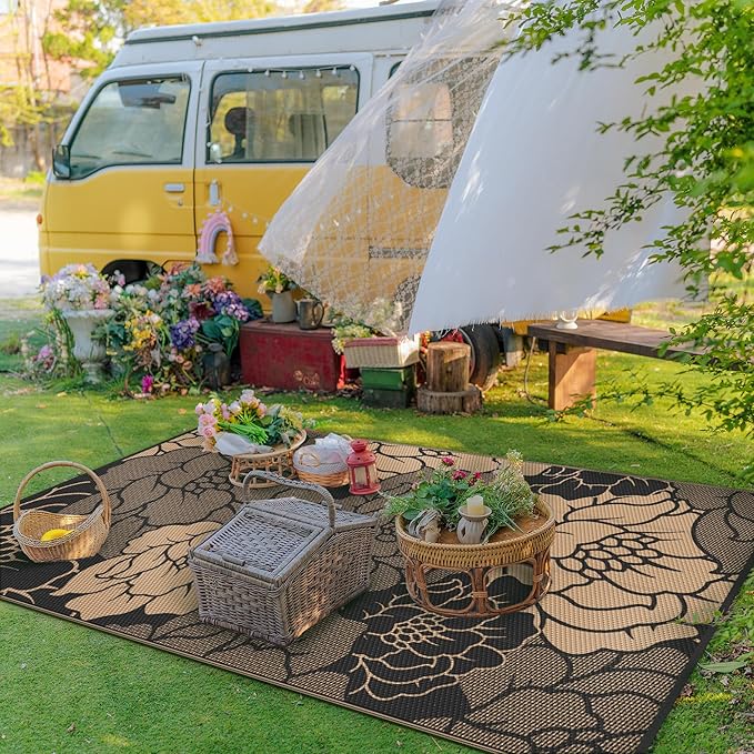 GENIMO Outdoor Rug Waterproof for Patio Decor, 8' x 10' Reversible Plastic Straw Floral Camping Carpet, Large Area Rugs Mats for RV, Camper, Deck, Balcony, Porch, Beach, Picnic, Mix-Black & Brown