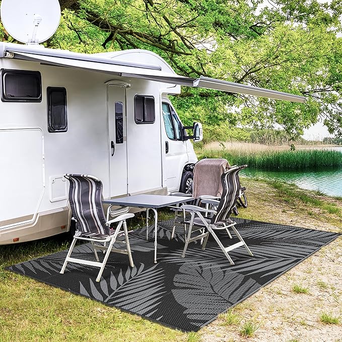 GENIMO Outdoor Rug 4' x 6' Waterproof for Patios Clearance, Reversible Outdoor Plastic Straw Camping Rug Carpet, Large Area Rugs Mats for RV, Camper, Deck, Balcony, Porch, Beach, Picnic, Black&Grey