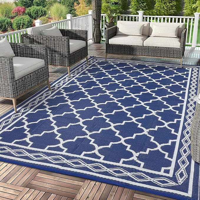 GAOMON Outdoor Rug Waterproof 8'x10', Reversible Outdoor Plastic Straw Rug, Boho Patio Rug, Indoor Outdoor Carpet, RV Mat Outside for Patio, Camp, Picnic, Balcony, Deck, Navy/White(Geometric)