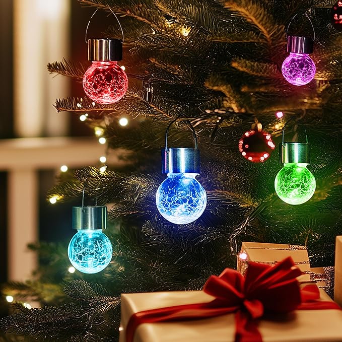 GIGALUMI 16 Pack Solar Hanging Lights for Christmas Decoration - Cracked Glass Solar Lights Outdoor Waterproof for Garden, Yard, Fence, Tree (Color Changing)