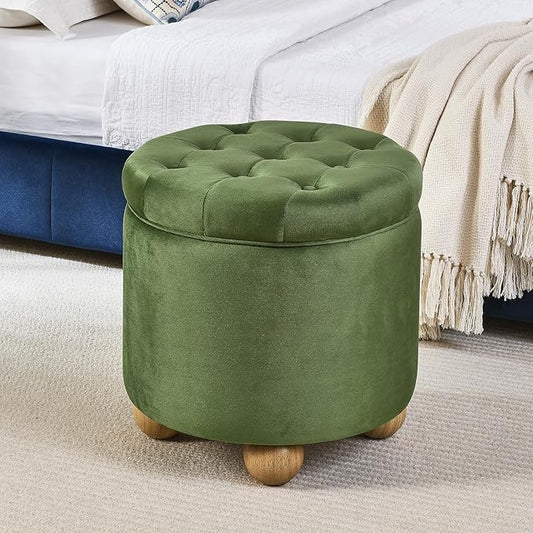 Furniliving Upholstered Button Tufted Round Ottoman, Velvet Storage Ottomans Round, Removable Lid Convenient Footstools, Bedroom Ottoman with Storage for Vanity, Living Room, Green