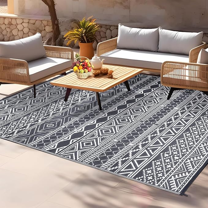 GAOMON Reversible Outdoor Rug 9'x18' Waterproof Plastic Straw Rug, Patio Rug, Large Modern Area Rug Carpet, Indoor Outdoor Rugs for Camping, Porch, Deck, Balcony, Backyard, Grey/White(Bohemia)