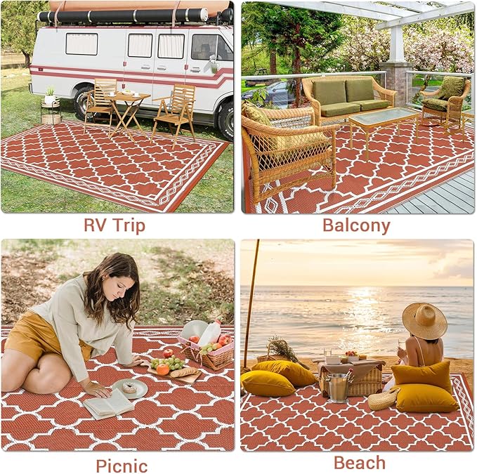 GAOMON Outdoor Plastic Straw Rug, 10'x20' Reversible Sage Green Patio Mat, Flower Modern Design for RV, Backyard, Deck, Camping, Picnic, Orange/White(Geometric)