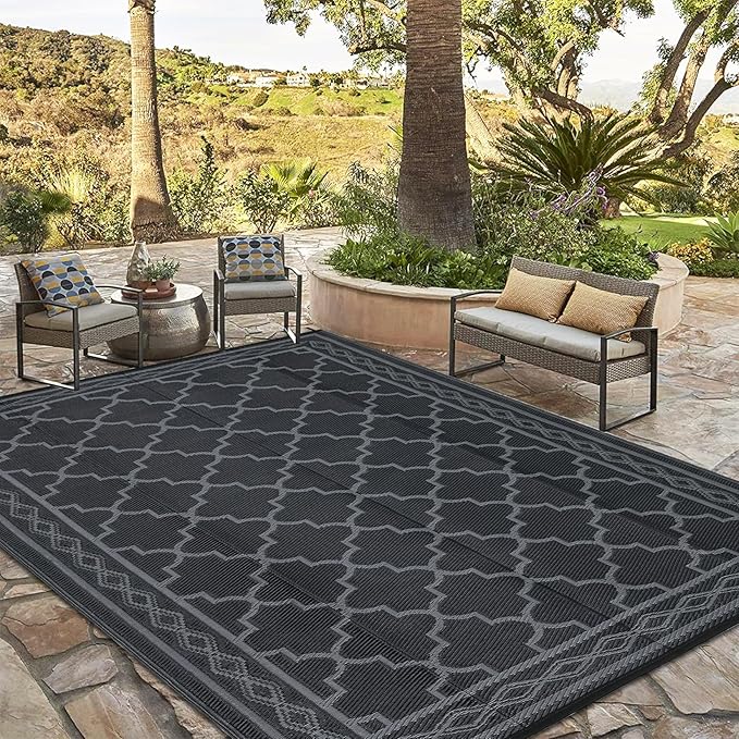 GAOMON Reversible Outdoor Rug 9'x18' Waterproof Plastic Straw Rug, Patio Rug, Large Modern Area Rug Carpet, Indoor Outdoor Rugs for Camping, Porch, Deck, Balcony, Backyard, Black/Grey(Geometric)