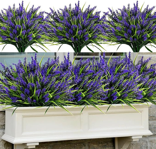 Geegoods 48 Bundles Artificial Plants Flowers Outdoor – Faux Lavender Flowers with Monkey Grass UV Resistant Plastic Faux Plants for Garden Porch Window Patio Hanging Planter Home Decor