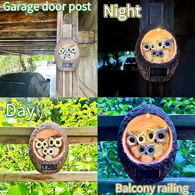 Garden Owl Family Tree Hugger Statue Solar Powered Outdoor Wall Mounted Figurine Light Resin Sculpture Home Decoration Housewarming Ornament Unique Gift