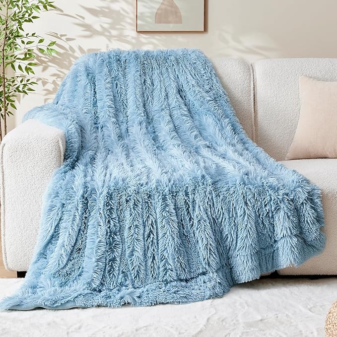 GONAAP Fuzzy Faux Fur Throw Blanket Light Blue Super Soft Cozy Plush Fuzzy Shaggy Blanket for Couch Sofa Bed (Light Blue, Throw(50"x60"))