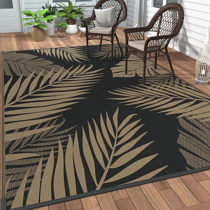 GENIMO Outdoor Rug 10' x 14' Waterproof for Patios Clearance, Reversible Outdoor Plastic Straw Camping Rug Carpet, Large Area Rugs Mats for RV, Camper, Deck, Balcony, Porch, Beach, Picnic, Black&Brown
