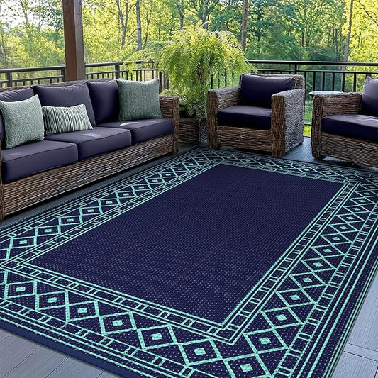 GENIMO Outdoor Rug Waterproof 5'x8' for Patio, Foldable Reversible Plastic Straw Carpet for Travel Trailers, Outside Area Mat for Rv, Deck, Picnic, Porch, Balcony, Beach, Navy Blue & Jade Green