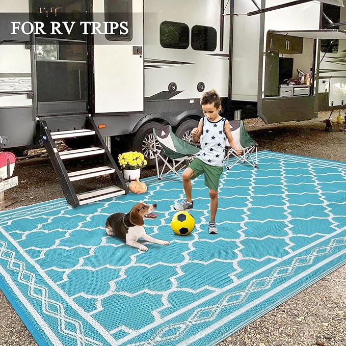 GAOMON Outdoor Rug for Patio 5'x8' Reversible Plastic Rugs Camping Mat for Outdoor, RV, Backyard, Deck, Balcony, Picnic, Beach, Teal/White(Geometric)