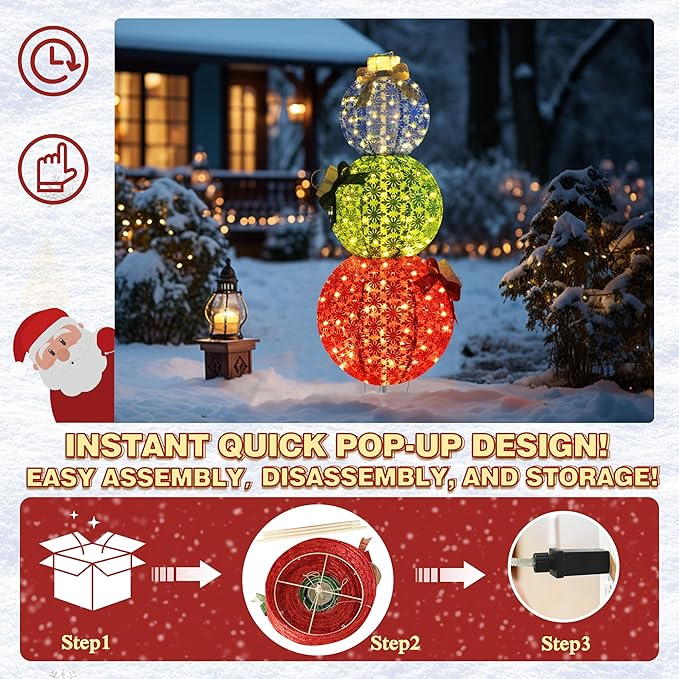 5FT Lighted Pop Up Stackable Ornaments for Christmas Decoration, 3D Pre-Lit Decor with 210 LED Lights with Easy Pop-Up Design, Freestanding Glittered Holiday Display for Outdoor, Indoor