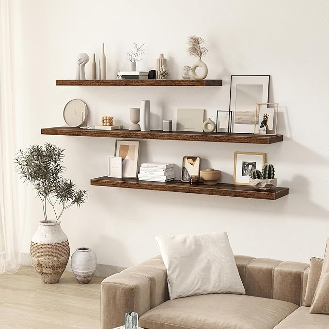 Fun Memories 55 Inch Floating Shelves for Wall 2 Pack Shelves for Bedroom|Kitchen|Bathroom 55 x 9.3 Inch Wood Floating Shelf with Invisible Brackets for Books|Storage|Decor, Rustic Brown