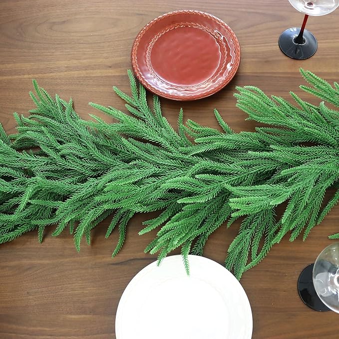 2PCS 9FT Christmas Garland Norfolk Pine Garland Real Touch Artificial Greenery Garland for Mantle Fireplace Table Indoor Outdoor Decor (Normal)