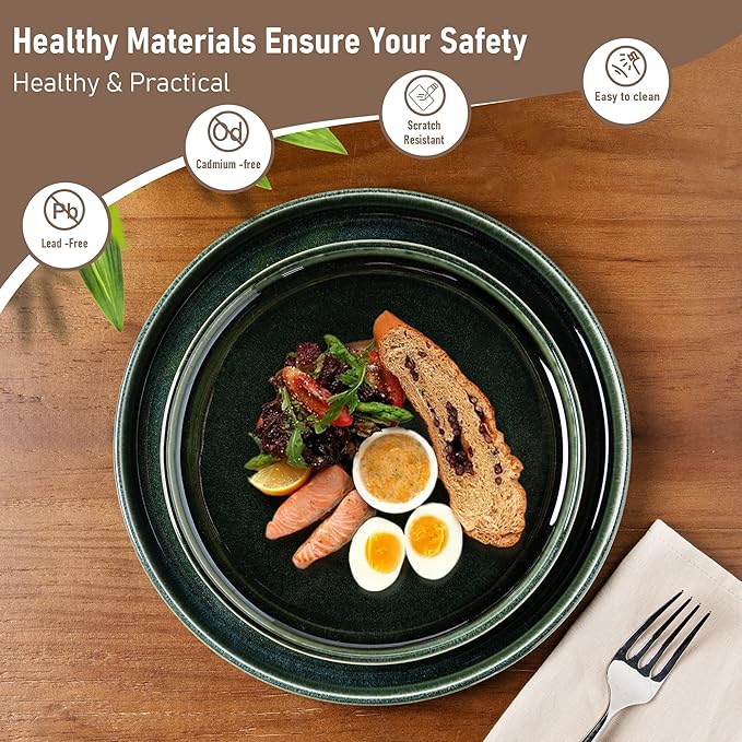 GBHOME Ceramic Dinnerware Sets for 6, 18 Pieces Stoneware Plates and Bowls Sets, Reactive Glaze Dishes -Scratch Resistant, Dishwasher&Microwave Safe, Earth Green