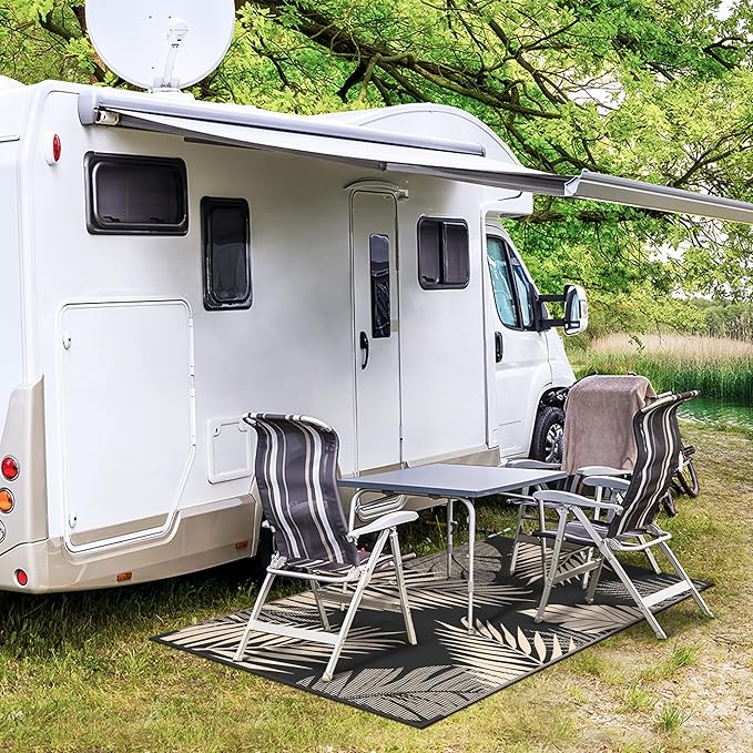 GENIMO Outdoor Rug 3' x 5' Waterproof for Patios Clearance, Reversible Outdoor Plastic Straw Camping Rug Carpet, Large Area Rugs Mats for RV, Camper, Deck, Balcony, Porch, Beach, Picnic, Black&Beige