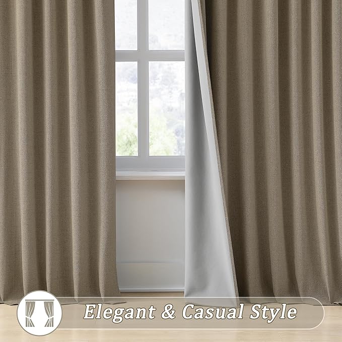 70 Inch Wide Blackout Curtains 2 Panels Set,Back Tab Pleated Curtains Hidden Tab with Hooks,Energy Efficinet Linen Blend Patio Drapes for Dining Room Sliding Glass Door 70x96 Length Linen Brown