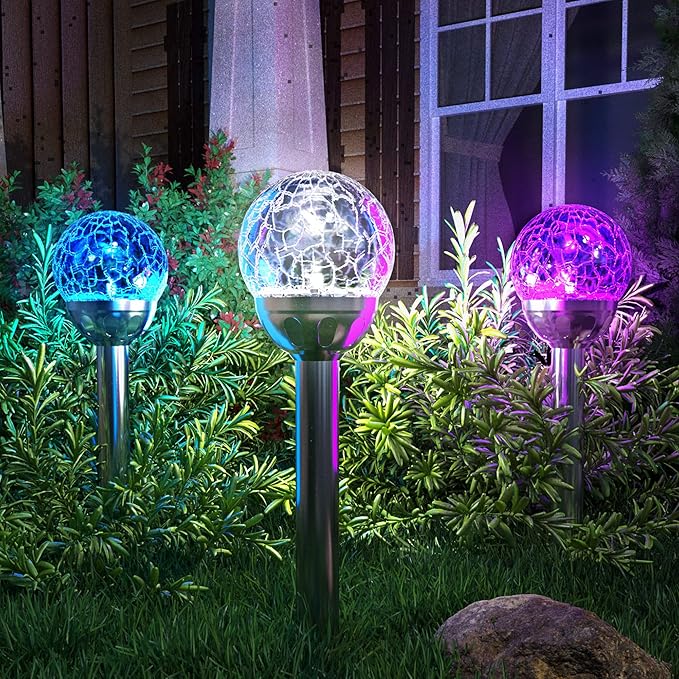 GIGALUMI Solar Outdoor, Cracked Glass Ball Solar Garden Lights, Color Changing Lights Outdoor,Garden LED for Path, Patio, Yard, 3 Pack Pathway